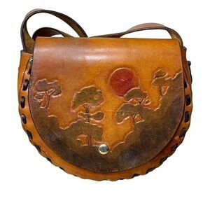 VTg Brown leather Saddle Shoulder Bag Canadian Handmade Carved Trees Boho Hippie